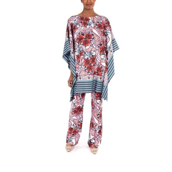 Badgley Mischka Crepe de Chine Paisley Printed Kaftan Multicolor L Boat Neck - Picture 2 of 10